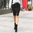 Slit-front Button-trim Knit Skirt