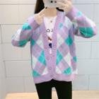 Plaid V-neck Cardigan Plaid - Purple & Blue - One Size