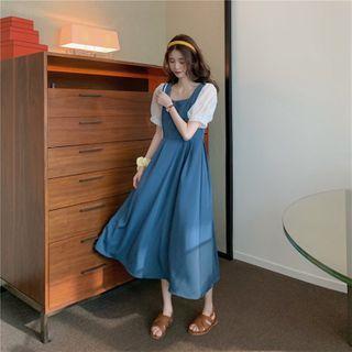 Short-sleeve Square-neck Mesh Panel Dress