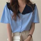 Color Block Peter Pan-collar Blouse Blue - One Size