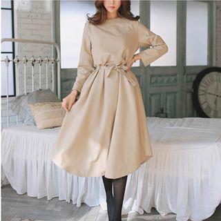 Long-sleeve Button-back Dress Beige - One Size