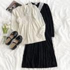 Long-sleeve V-neck Lace Trim Ruched Midi Dress