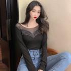 Rhinestone Long-sleeve Mesh T-shirt