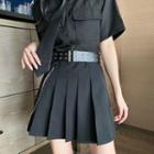 Elbow-sleeve Shirt / Pleated Mini A-line Skirt / Set