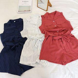 Set: Striped Sleeveless Blouse + High-waist Lace-up Wide-leg Shorts