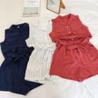 Set: Striped Sleeveless Blouse + High-waist Lace-up Wide-leg Shorts