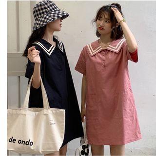 Short-sleeve Striped Trim Wide Collar Mini Dress