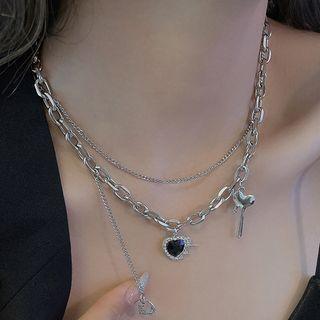 Heart Rhinestone Pendant Layered Alloy Choker Necklace - Silver - One Size