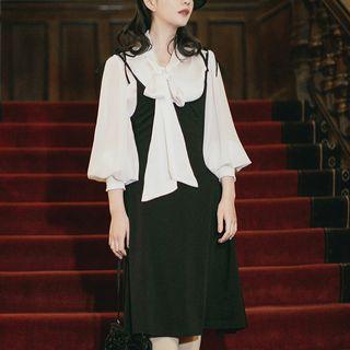 Set: Lantern-sleeve Blouse + Midi Pinafore Dress