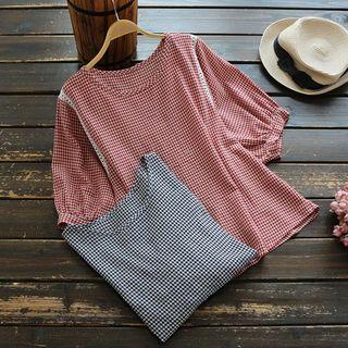 Elbow-sleeve Gingham Crochet-trim Blouse