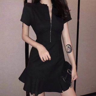Short-sleeve Zip-up Ruffle Hem Mini Dress