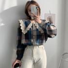 Long Sleeve Lace Panel Plaid Shirt As Shown In Figure - One Size