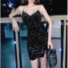 Spaghetti Strap Sequin Mini Sheath Dress Black - S