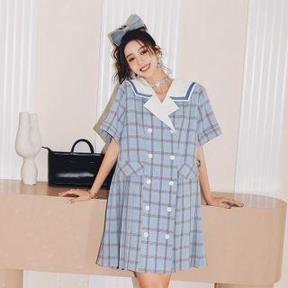 Elbow-sleeve Double-breasted Plaid Mini Shirtdress