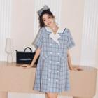 Elbow-sleeve Double-breasted Plaid Mini Shirtdress