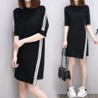 Striped Trim Elbow-sleeve Knit Dress