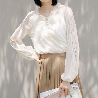 Long-sleeve Frilled-neck Lace-trim Blouse