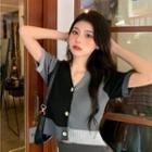 Short-sleeve Two Tone Knit Top Black & Gray - One Size