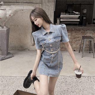 Short-sleeve Collar Denim Mini Sheath Dress / Waist Chain / Set