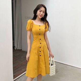 Puff Sleeve Square Neck Buttoned A-line Dress