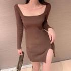 Side-slit Long-sleeve Mini Knit Sheath Dress