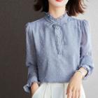 Long-sleeve Stand Collar Frill Trim Lace Blouse