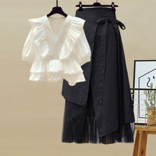 Set: Short-sleeve V-neck Top + Midi A-line Skirt