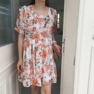 Flower Print Short-sleeve Square Neck A-line Dress