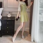 Mock Two Piece 3/4-sleeve A-line Dress Green - One Size