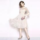 Elbow-sleeve Faux Pearl A-line Lace Dress