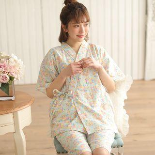 Loungewear Set: Flower Print Elbow-sleeve Wrap Top + Shorts