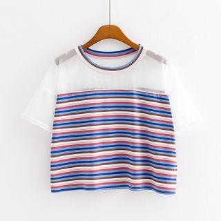 Sheer Panel Short-sleeve Striped Top