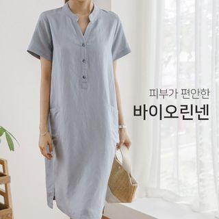 Dual-pocket Linen Midi Shirtdress