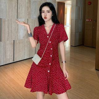 Short-sleeve Polka Dot Asymmetric Buttoned A-line Mini Dress