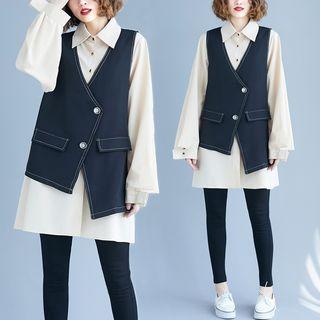 Plain Shirt / Asymmetric Buttoned Vest
