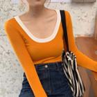 Long-sleeve U-neck Contrast Trim T-shirt