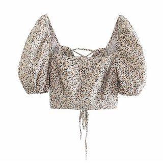 Puff-sleeve Floral Cropped Blouse / Mini A-line Skort / Set