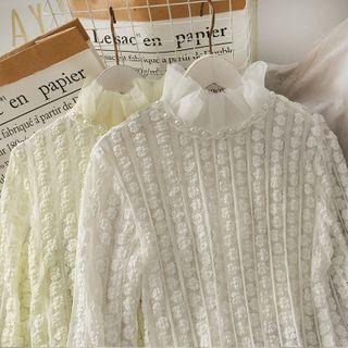 Pearl-neckline Mesh-trim Lace Top