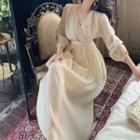Long-sleeve Chiffon Midi Dress Champagne - One Size