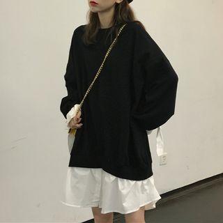 Mock Two-piece Round-neck Ruffle-sleeve Dress Black - One Size