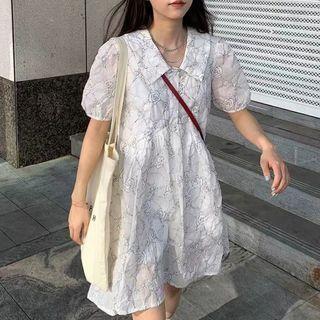 Puff-sleeve Collar Print Mini A-line Dress