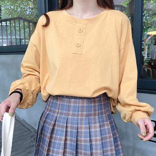 Plain Button-front Loose-fit Long-sleeve Top