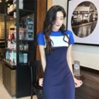 Color Block Short-sleeve Knit Dress As Shown In Figure - One Size
