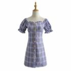 Puff-sleeve Plaid Buttoned A-line Dress