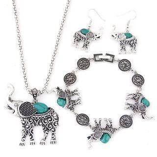 Set: Elephant Pendant Necklace + Bracelet + Drop Earring