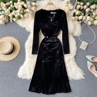 V-neck Long-sleeve Velvet Dress