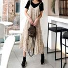 Tiered Lace Long Pinafore Dress Beige - One Size