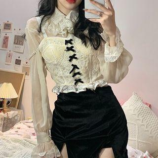 Mock-neck Chiffon Blouse / Sleeveless Lace Top / Side-slit Skirt