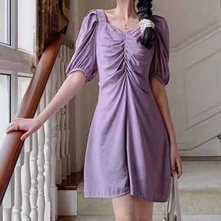 Short-sleeve Shirred Cutout-back Mini A-line Dress Purple - One Size