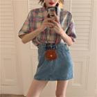 Short-sleeve Plaid Wide-collar Shirt Plaid - Multicolor - One Size